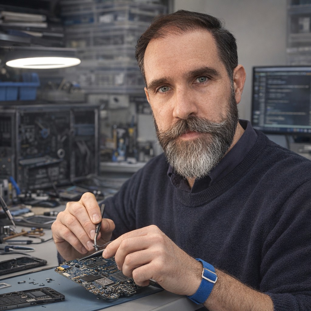 Jonathan Beleteau en réparation de carte électronique à l’Atelier du Mac, Magog.