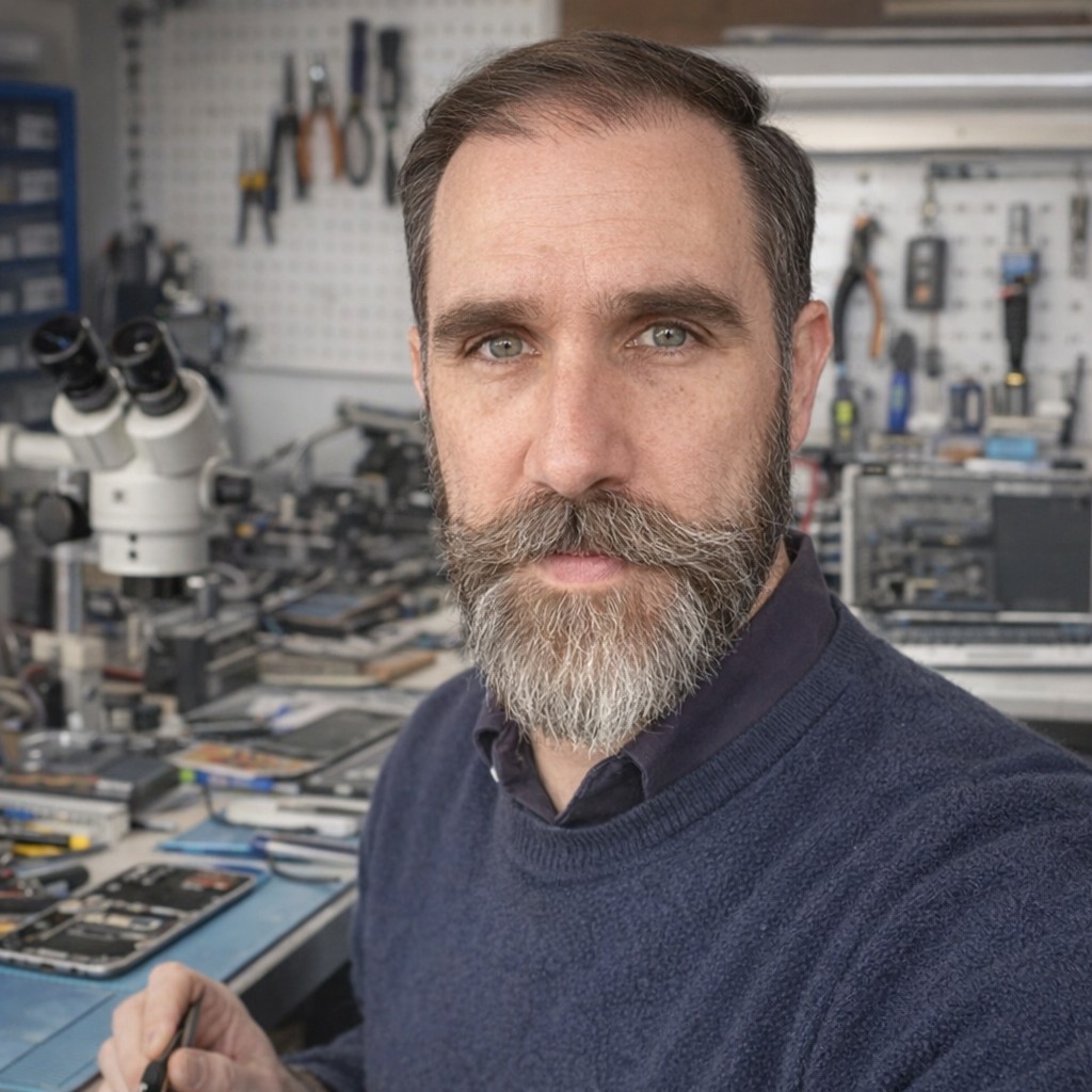 Jonathan Beleteau à l’atelier, microscope et outils de précision pour réparation Apple.