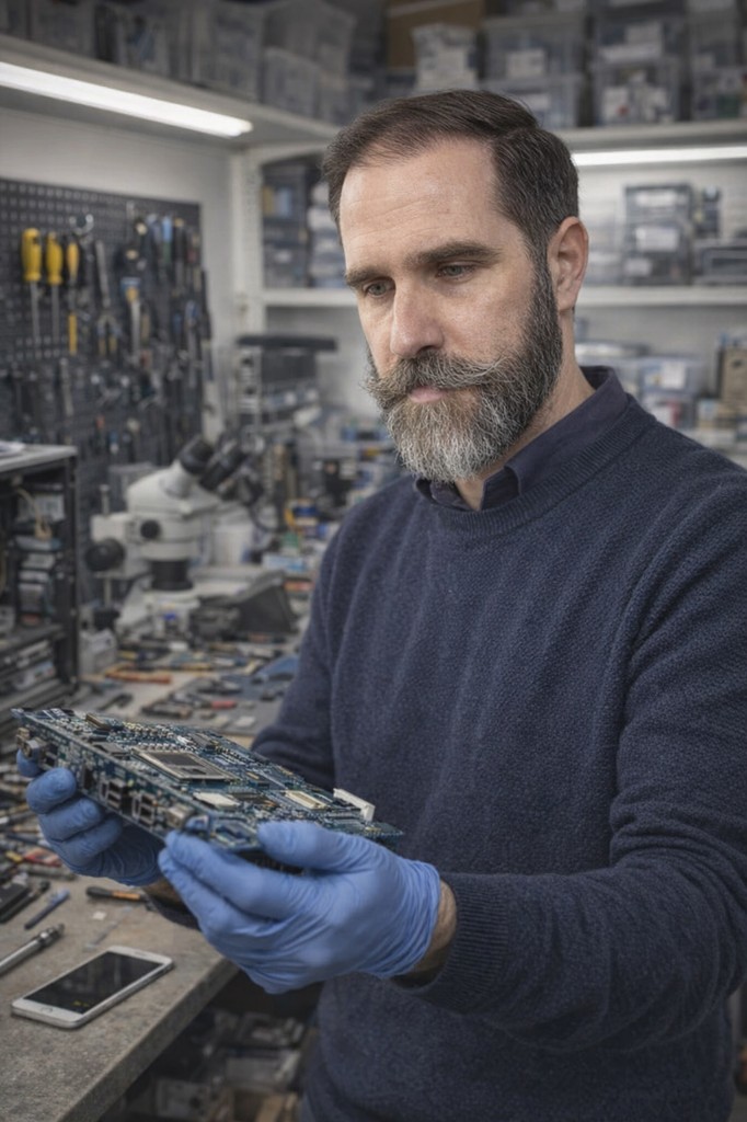 Jonathan Beleteau inspecte une carte logique dans l’atelier de réparation Apple à Magog.